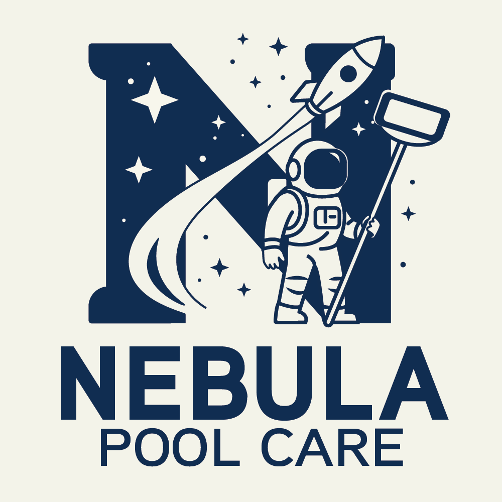 Nebula Pool Care — astronaut, rocket, and pool net monogram