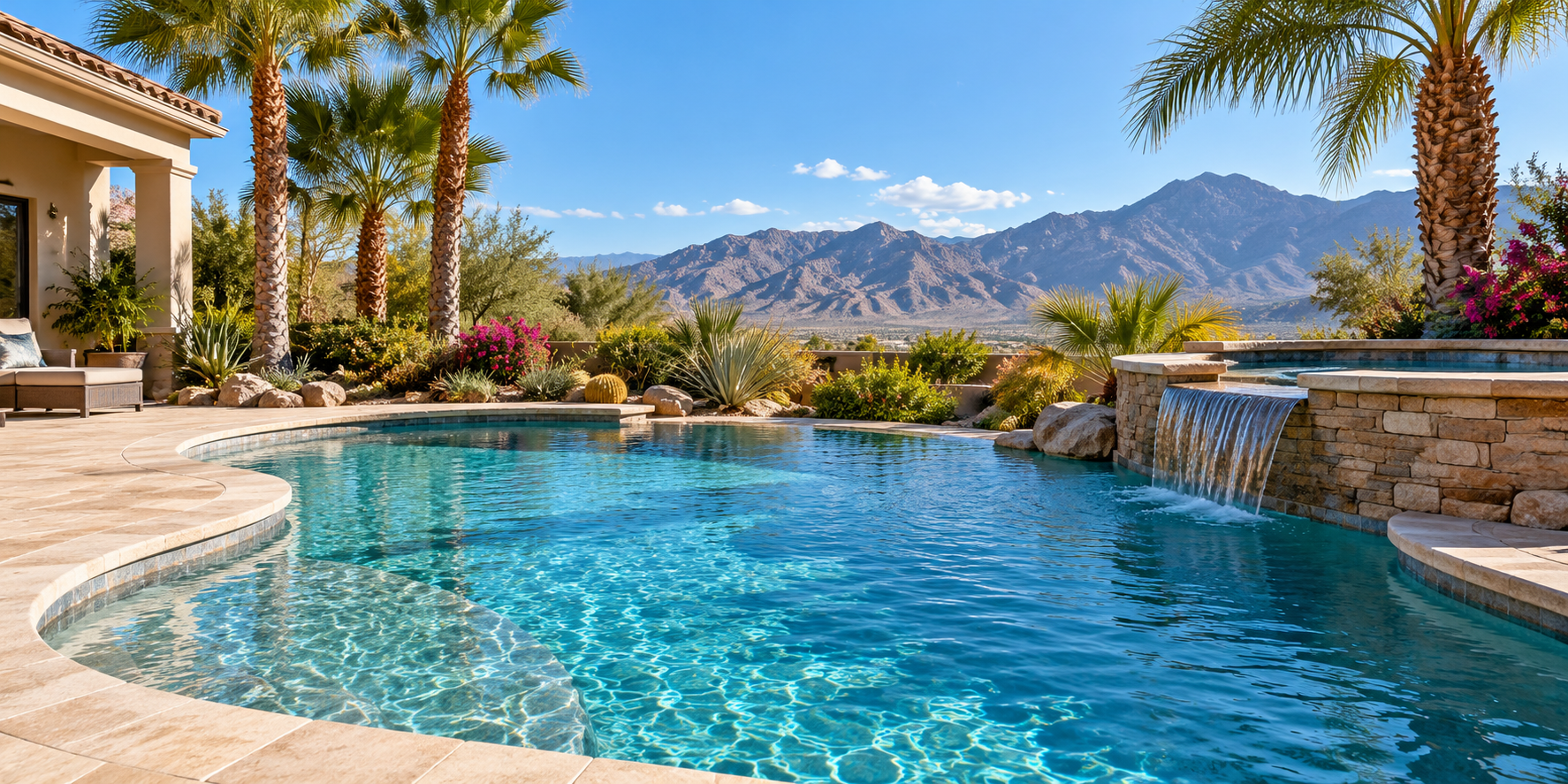 Clear blue backyard swimming pool with desert landscaping and mountain views